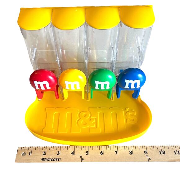 M&Ms World Four Tube CANDY DISPENSER 9x8x5 M&M Holder Food Storage Yellow +Tray - Picture 4 of 8